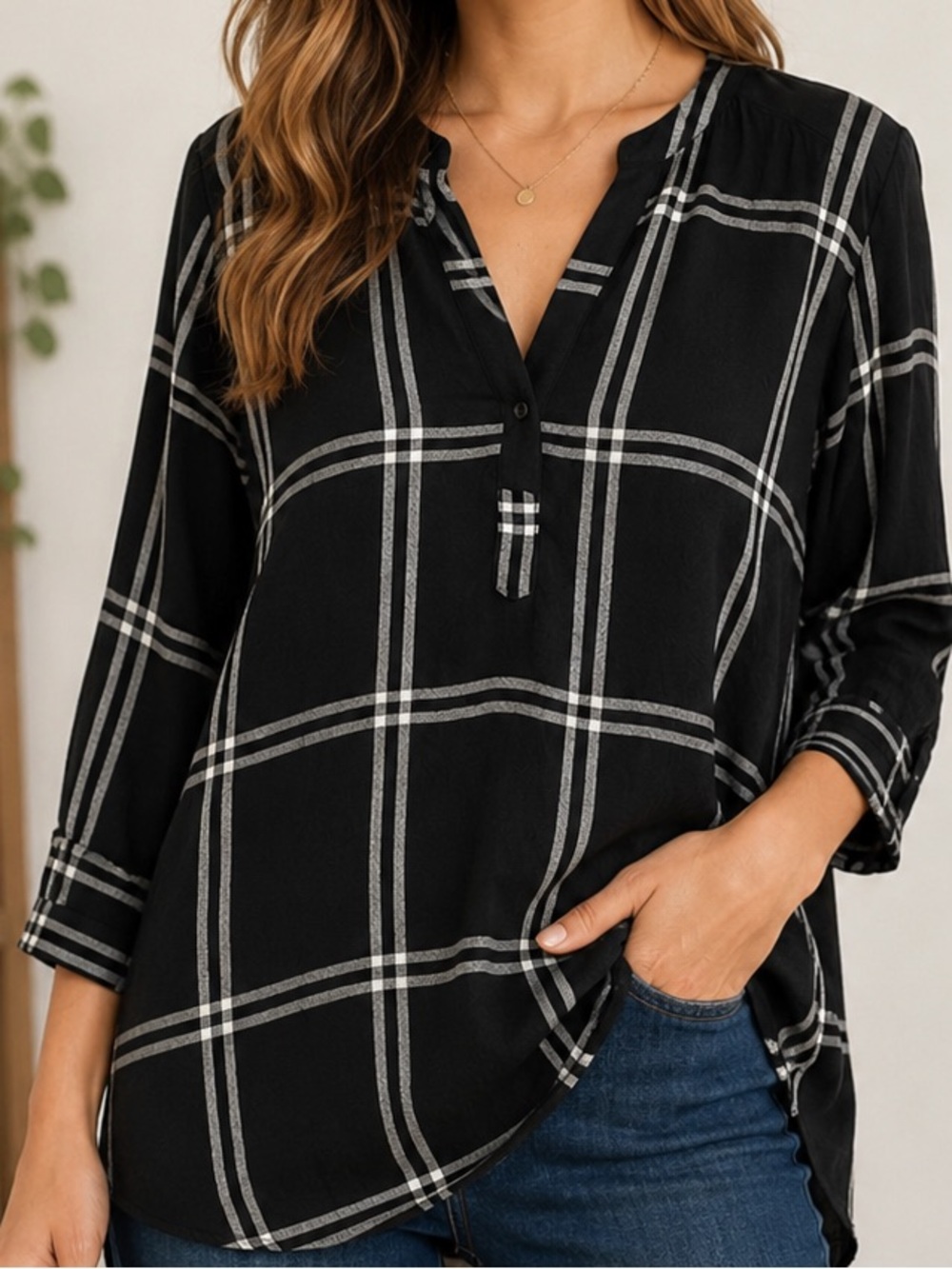 Jane & Delancey Black Windowpane Plaid Tunic Top w Crinkle Finish Casual 1X EUC